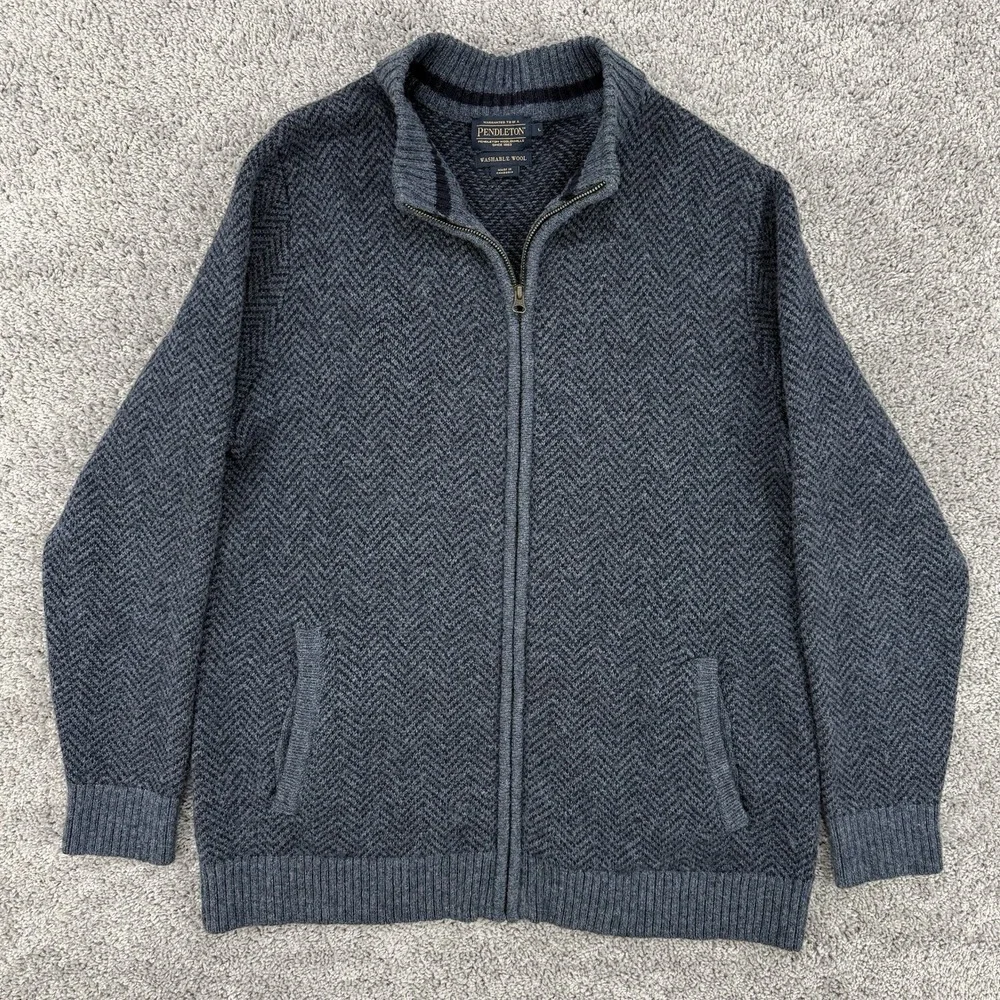 Pendleton Shetland Wool Sweater Men's L Herringbone Washable Full Zip Mock Neck